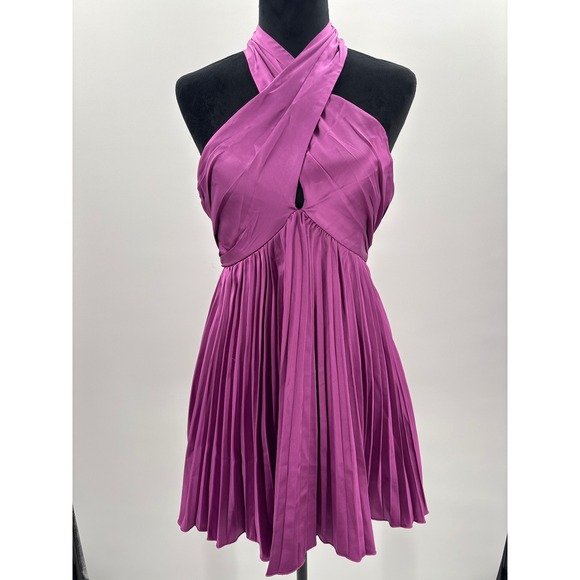 Lulus Renlee Fuchsia Pink Purple Satin Halter Pleated Mini Dress Size S - Picture 6 of 13